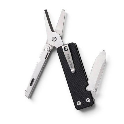 Razor Sharp AZ ROXON KS2 Elite multi-tool with black G10 handle, stainless steel blade, and open scissors