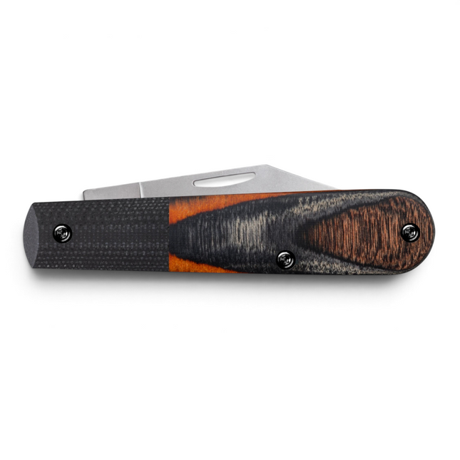 Razor Sharp AZ Case XX Crossroads XR Barlow folding knife with Ember Glow DymaLux wood handle and black G10 bolster.