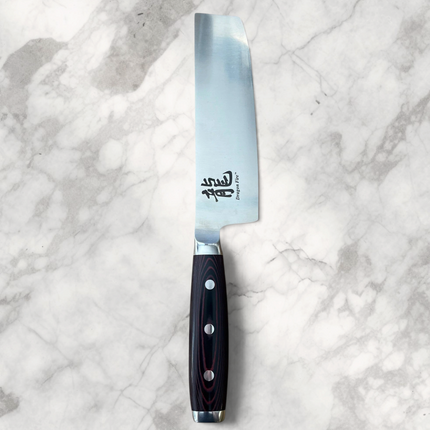 Razor Sharp AZ Dragon Fire 180mm Nakiri vegetable knife with a stainless steel blade and black Micarta handle.