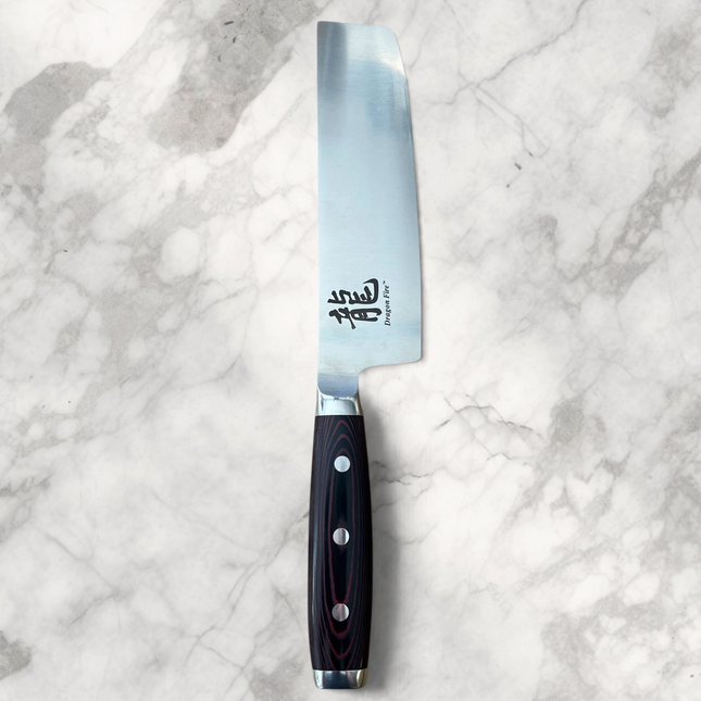 Razor Sharp AZ Dragon Fire 180mm Nakiri vegetable knife with a stainless steel blade and black Micarta handle.