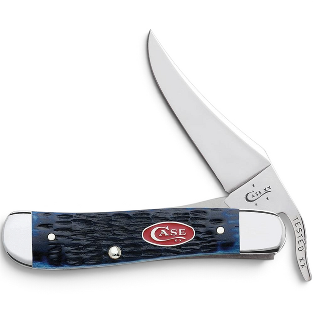 Razor Sharp AZ Case RussLock knife with navy blue jigged bone handle, red shield, and mirror-polished stainless blade.
