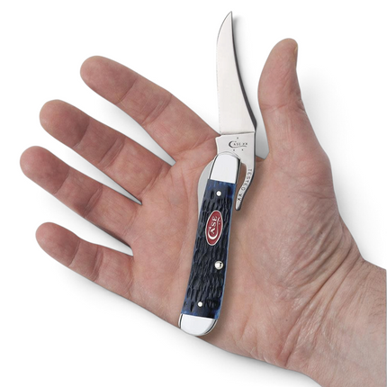 Razor Sharp AZ Case RussLock knife with navy blue jigged bone handle and mirror-polished stainless steel clip blade