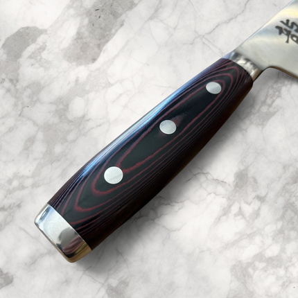 Razor Sharp AZ Dragon Fire Nakiri knife handle featuring black and red layered Micarta with three silver rivets.