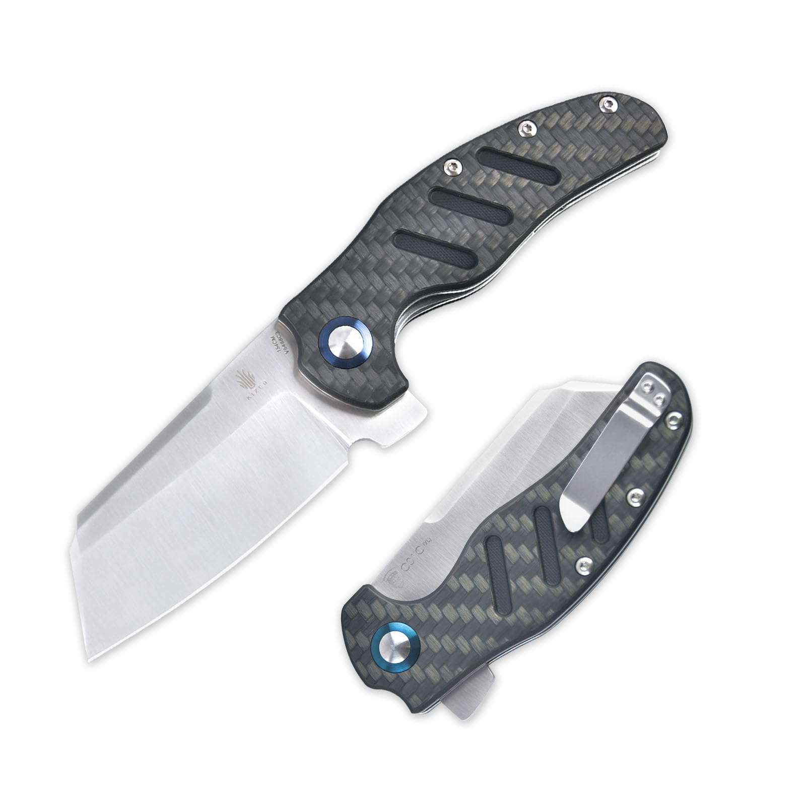 Kizer C01c (XL) Sheepdog Pocket Knife, 154CM Sheepsfoot Blade Folding Knife with G10 Carbon Fiber Handle, Camping Knife with Clip for Men Women, EDC Hunting Knife, V5488C3