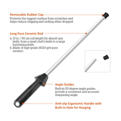 Total L.17.5-Inch/Rod L.12-Inch 3000-Grit Ceramic Sharpening Steel with Built-In Angle Guides