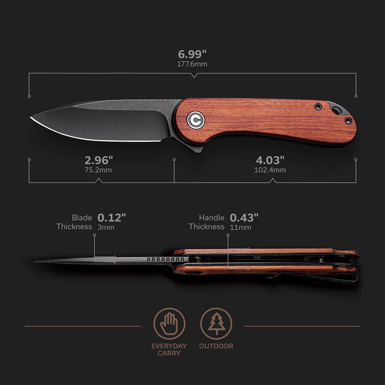CIVIVI Elementum Pocket Knife, Folding Knife for EDC with 2.96" D2 Black Stonewashed Blade Cuibourtia Wood Handle