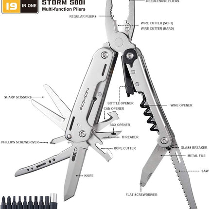 ROXON S801S STORM 19 in 1 multitool pliers EDC for Camping, Outdoor with Lockable Saw Blade with Nylon Case (S801S) by Roxon