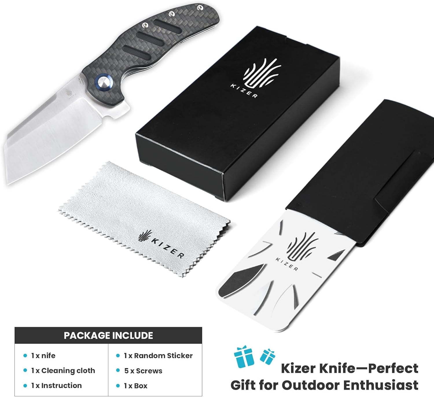 Kizer C01c (XL) Sheepdog Pocket Knife, 154CM Sheepsfoot Blade Folding Knife with G10 Carbon Fiber Handle, Camping Knife with Clip for Men Women, EDC Hunting Knife, V5488C3