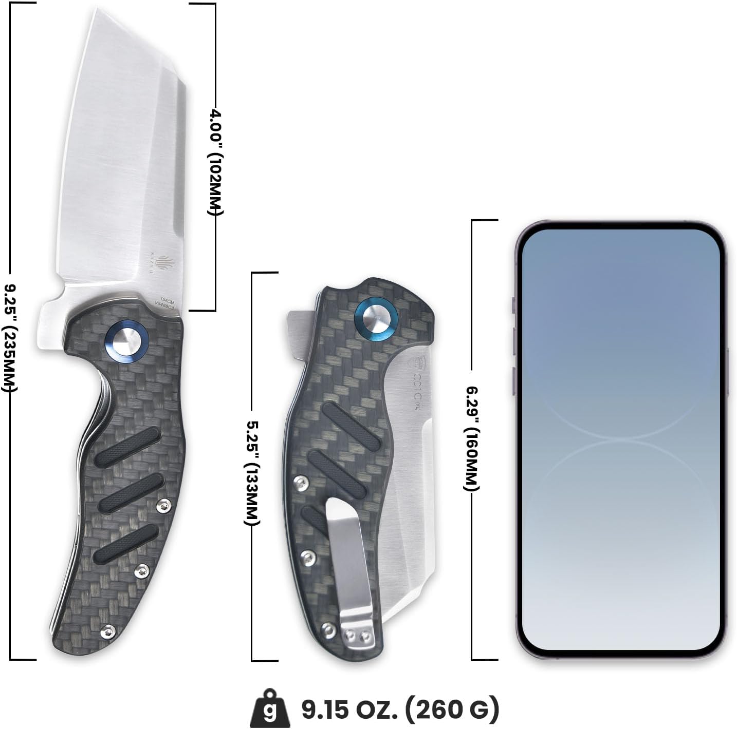 Kizer C01c (XL) Sheepdog Pocket Knife, 154CM Sheepsfoot Blade Folding Knife with G10 Carbon Fiber Handle, Camping Knife with Clip for Men Women, EDC Hunting Knife, V5488C3