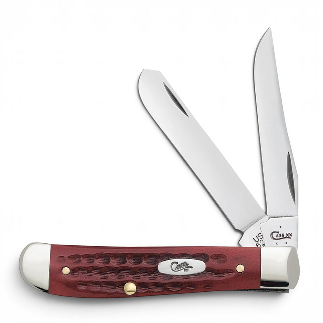 Razor Sharp AZ Case Pocket Worn Mini Trapper knife with red corn cob jigged bone handle and two polished steel blades