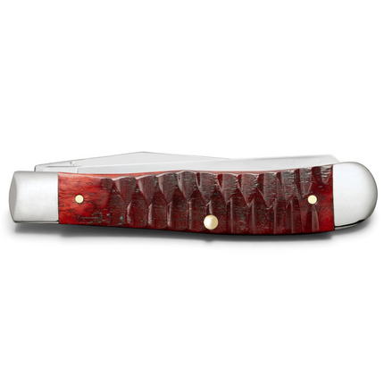 Razor Sharp AZ Case Trapper knife with a red jigged bone handle featuring alligator skin texture and steel bolsters