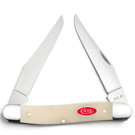 Razor Sharp AZ Case Muskrat folding knife with smooth natural bone handle, two clip blades, and red oval shield