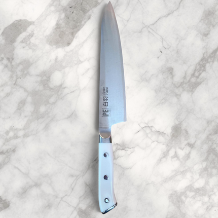 Razor Sharp AZ Perfect Edge Shiro Hane 8.5-inch Gyuto knife with a white Corian handle and steel blade.