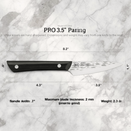 Razor Sharp AZ PRO 3.5-inch paring knife with a hammered stainless steel blade and black riveted POM handle.