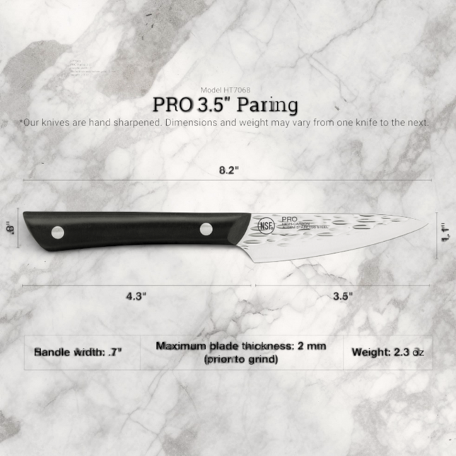 Razor Sharp AZ PRO 3.5-inch paring knife with a hammered stainless steel blade and black riveted POM handle.