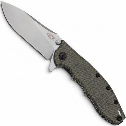 Razor Sharp AZ Zero Tolerance 0562MIC pocket knife with a CPM MagnaCut blade and green canvas Micarta handle scale.