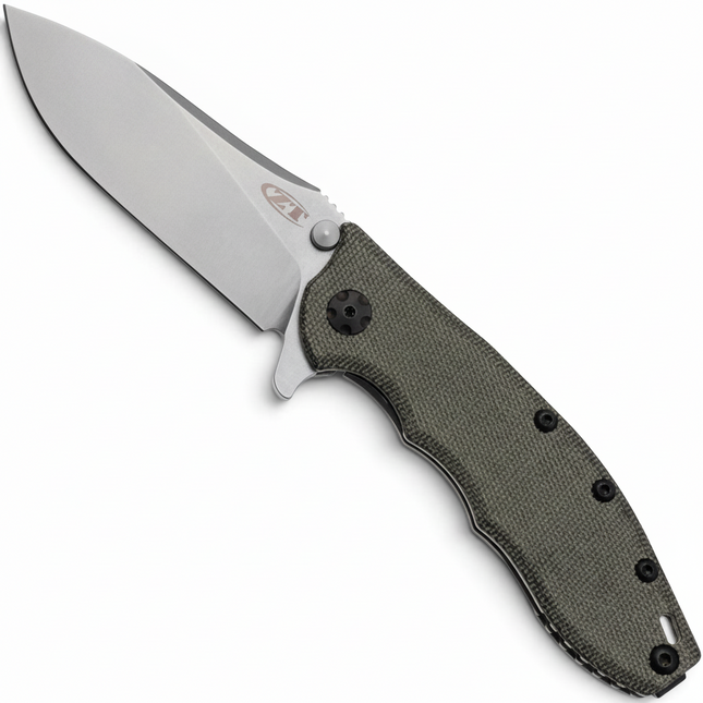 Razor Sharp AZ Zero Tolerance 0562MIC pocket knife with a CPM MagnaCut blade and green canvas Micarta handle scale.