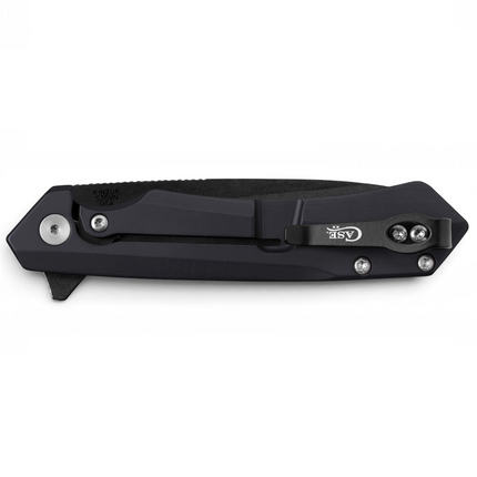 Razor Sharp AZ Case Harley Davidson Kinzua folding knife with a smooth black anodized aluminum handle and pocket clip