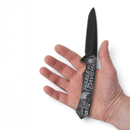 Razor Sharp AZ Case Harley Davidson Kinzua folding knife with black anodized aluminum handle and eagle graphic