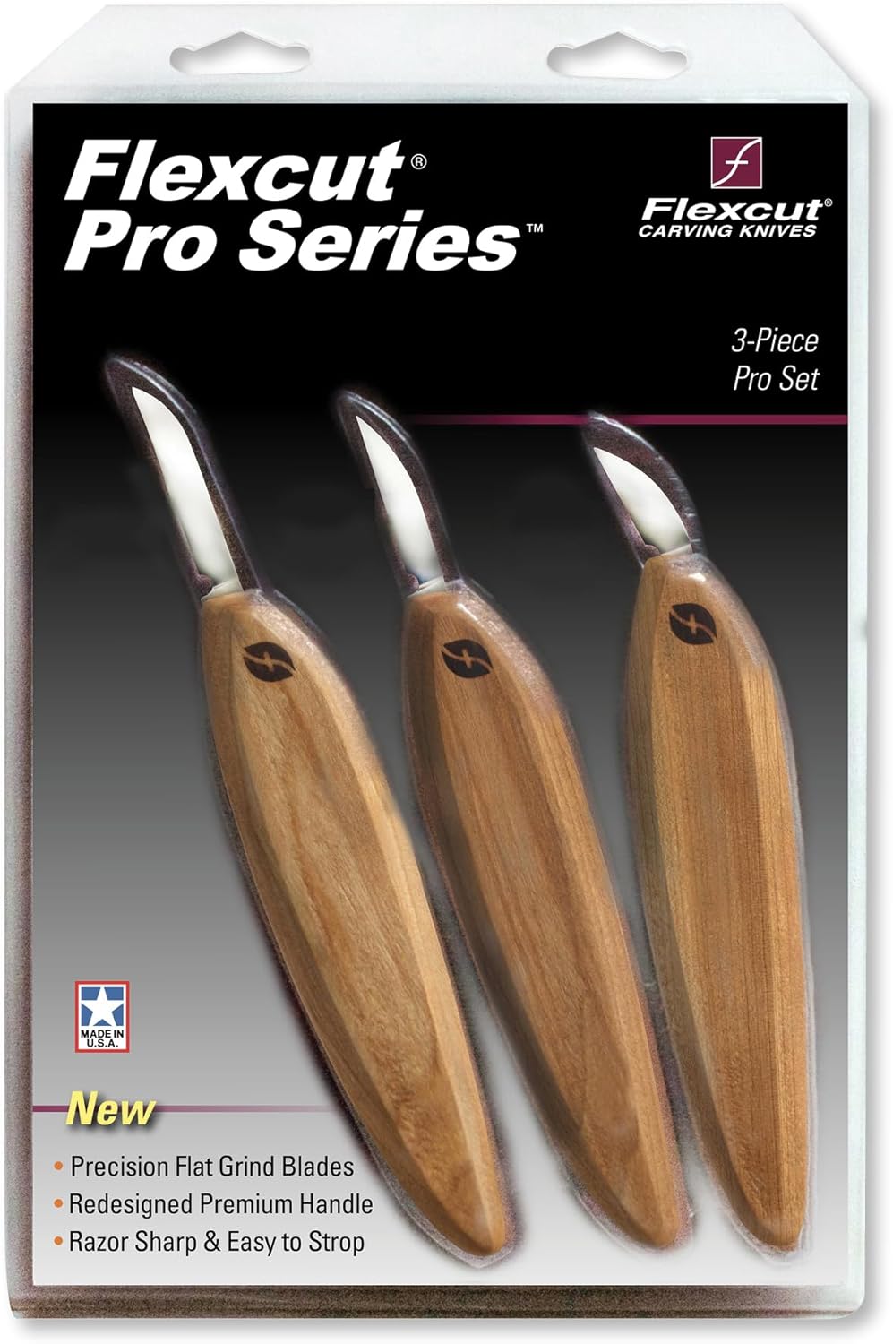 FLEXCUT Pro Series Wood Carving Tools, 3-Pack Kit with 1" Chip, 1-3/8" Detail, 1-5/8" Carving, Ergonomic Knife Handles (FP200)