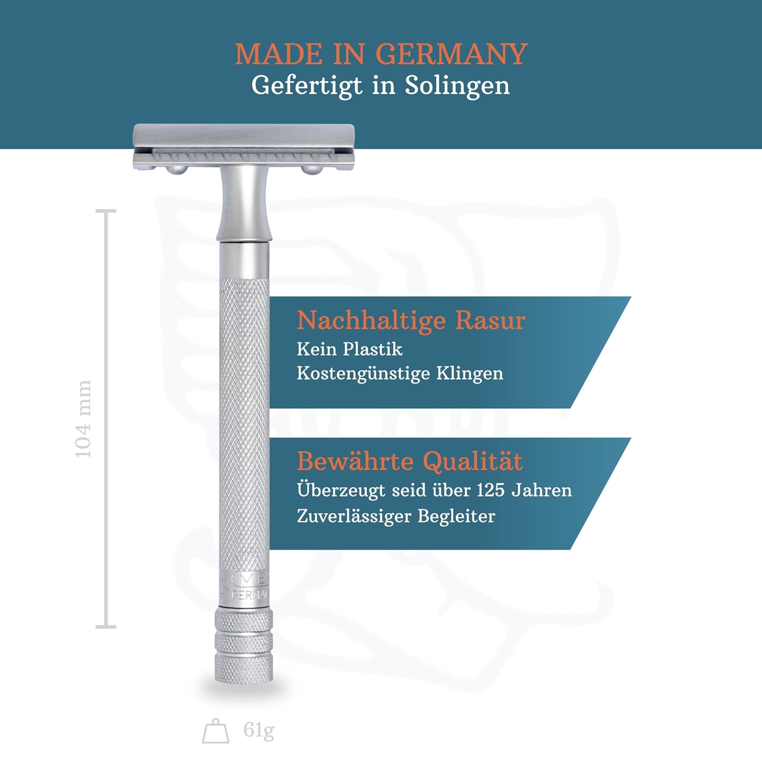 MERKUR 22C Double Edge Safety Razor - Matte Chrome | Long Knurled Brass Handle | Made in Germany | Plastic-Free | Three Piece Design | Closed Comb | Straight Bar