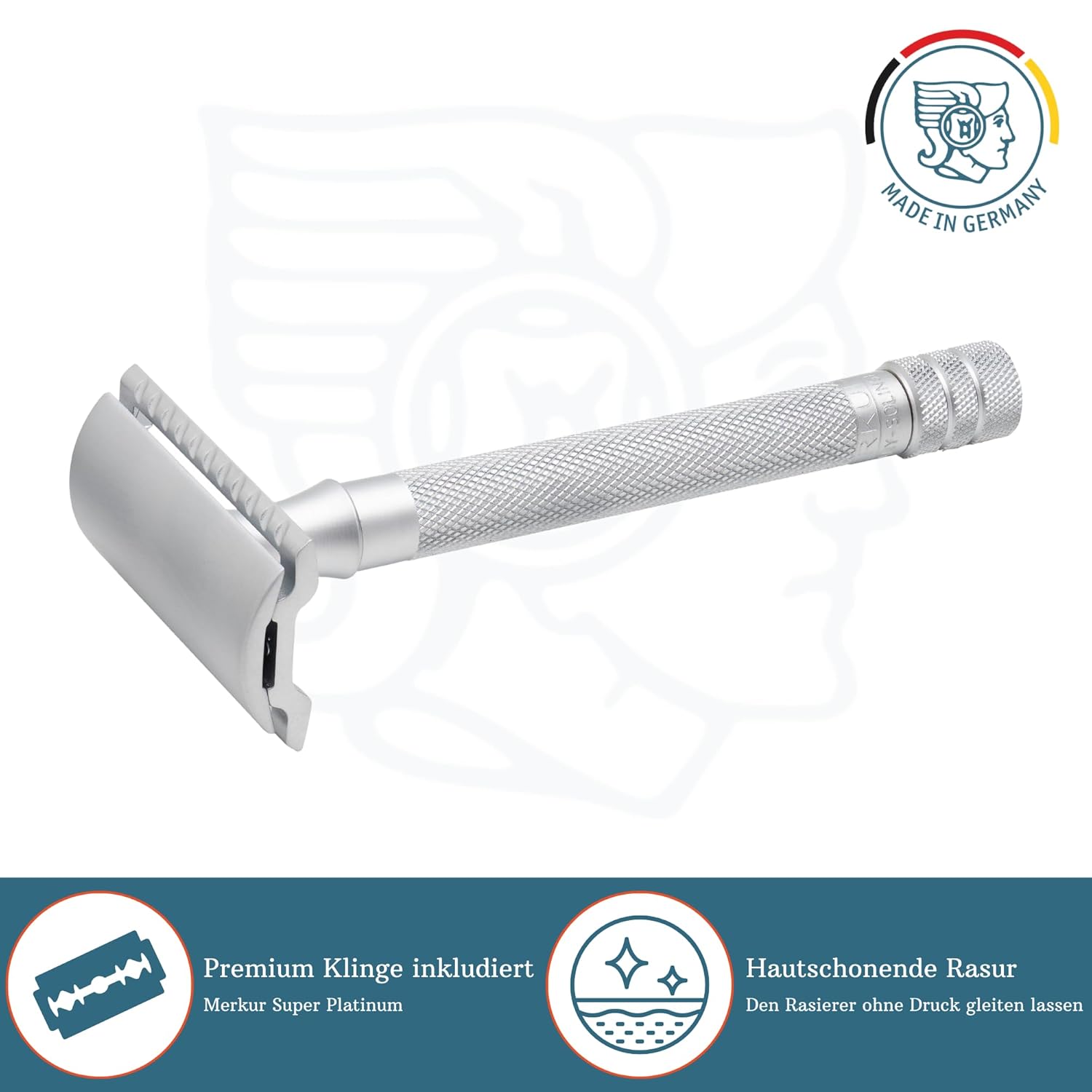 MERKUR 22C Double Edge Safety Razor - Matte Chrome | Long Knurled Brass Handle | Made in Germany | Plastic-Free | Three Piece Design | Closed Comb | Straight Bar