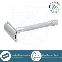 MERKUR 22C Double Edge Safety Razor - Matte Chrome | Long Knurled Brass Handle | Made in Germany | Plastic-Free | Three Piece Design | Closed Comb | Straight Bar