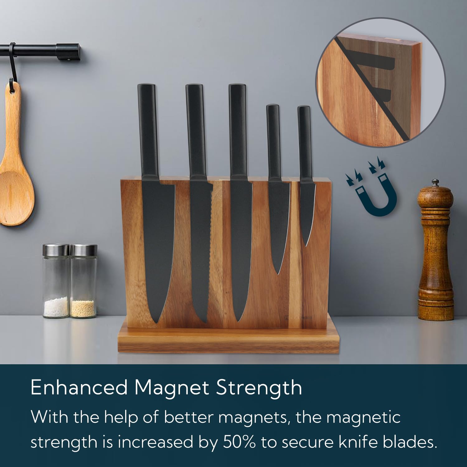 KITCHENDAO Luxury Acacia Magnetic Knife Block Holder with Enhanced Magnets