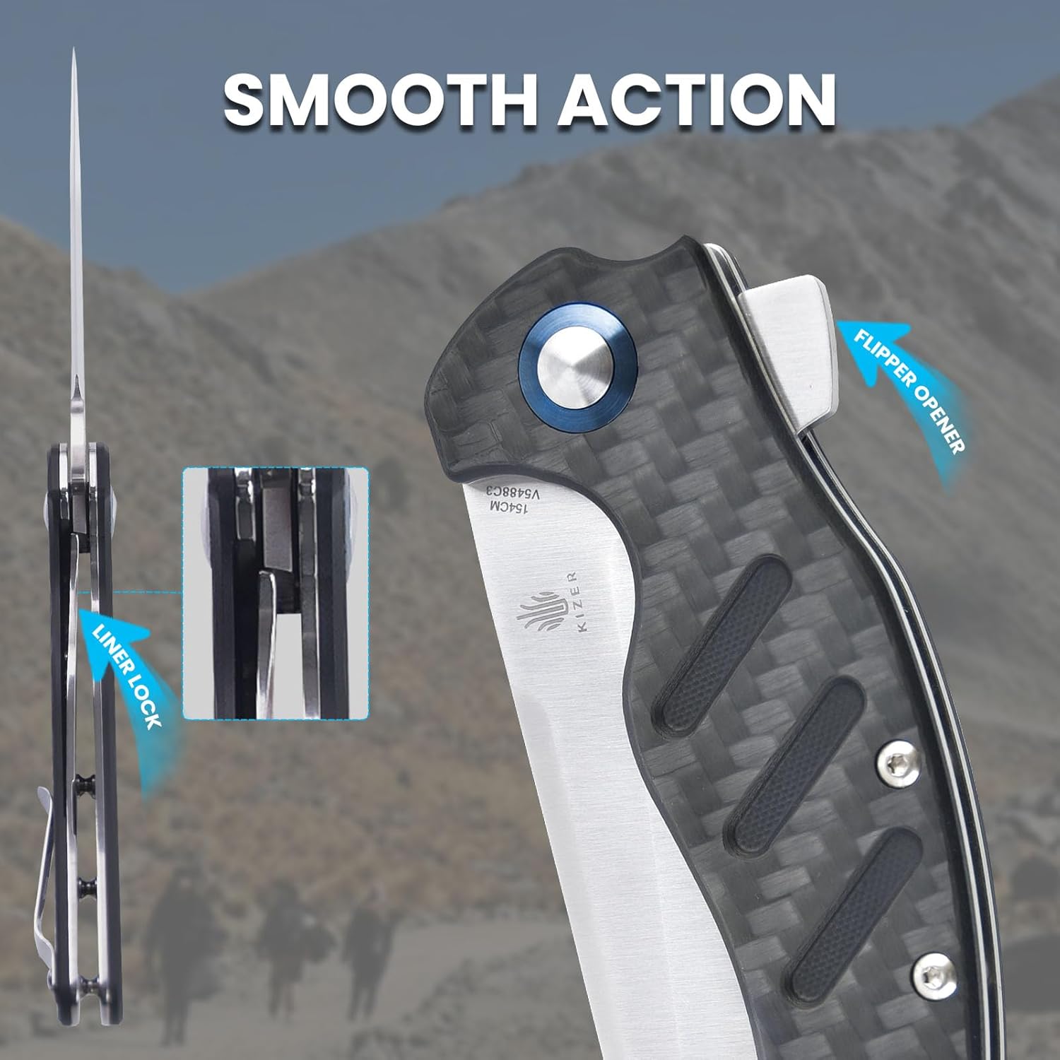 Kizer C01c (XL) Sheepdog Pocket Knife, 154CM Sheepsfoot Blade Folding Knife with G10 Carbon Fiber Handle, Camping Knife with Clip for Men Women, EDC Hunting Knife, V5488C3