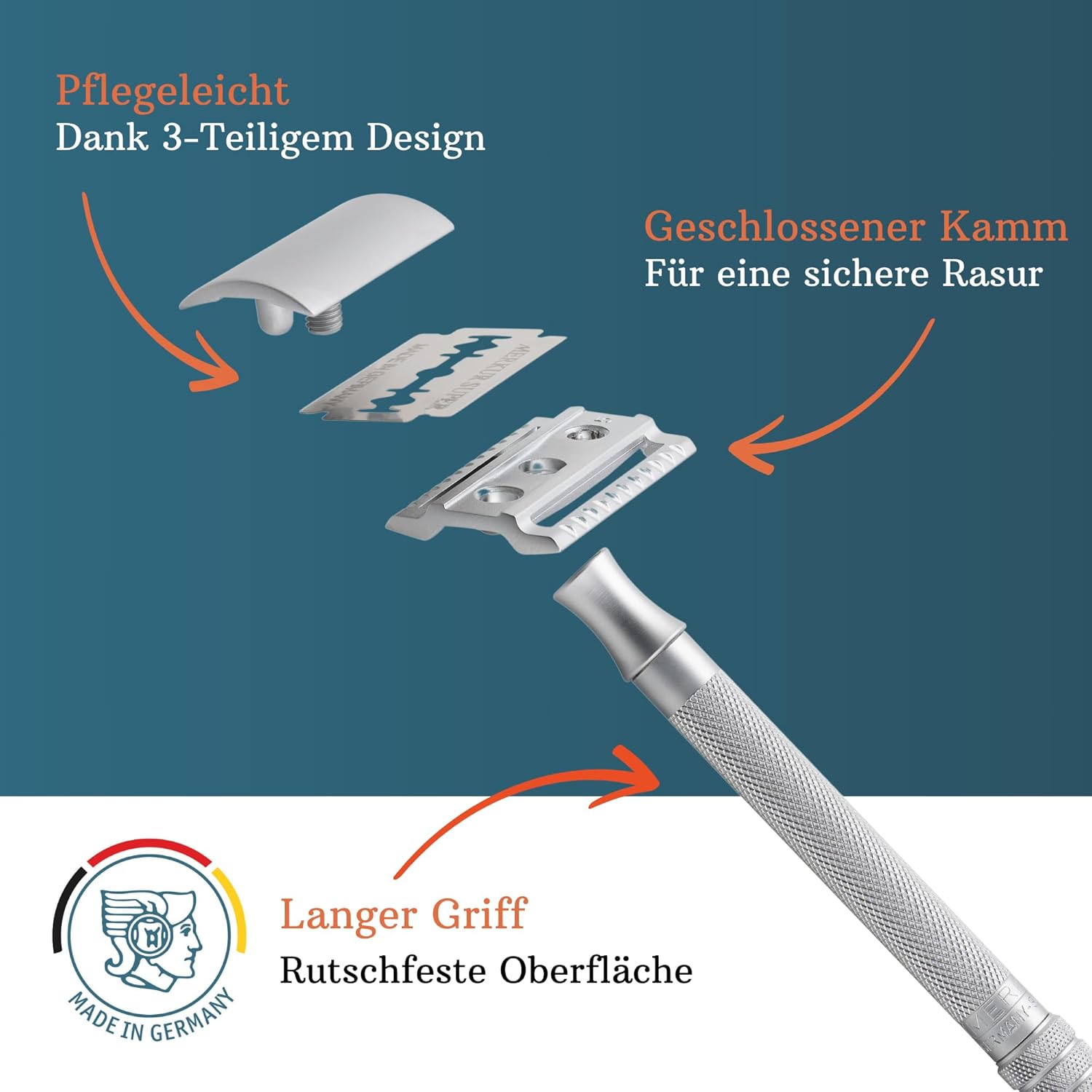 MERKUR 22C Double Edge Safety Razor - Matte Chrome | Long Knurled Brass Handle | Made in Germany | Plastic-Free | Three Piece Design | Closed Comb | Straight Bar