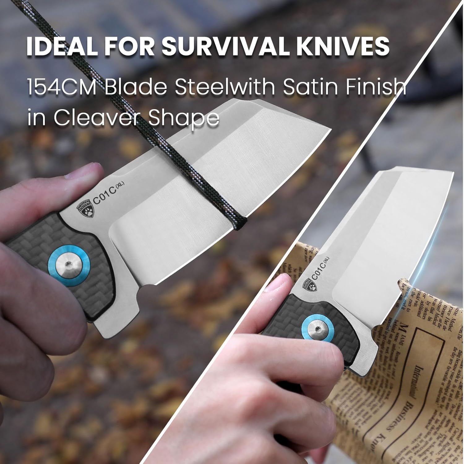 Kizer C01c (XL) Sheepdog Pocket Knife, 154CM Sheepsfoot Blade Folding Knife with G10 Carbon Fiber Handle, Camping Knife with Clip for Men Women, EDC Hunting Knife, V5488C3