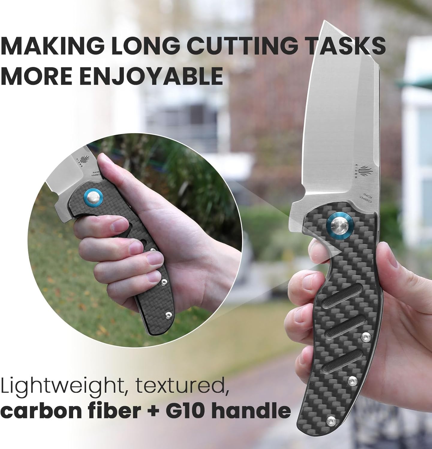 Kizer C01c (XL) Sheepdog Pocket Knife, 154CM Sheepsfoot Blade Folding Knife with G10 Carbon Fiber Handle, Camping Knife with Clip for Men Women, EDC Hunting Knife, V5488C3