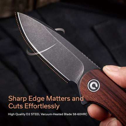 CIVIVI Elementum Pocket Knife, Folding Knife for EDC with 2.96" D2 Black Stonewashed Blade Cuibourtia Wood Handle by Civivi