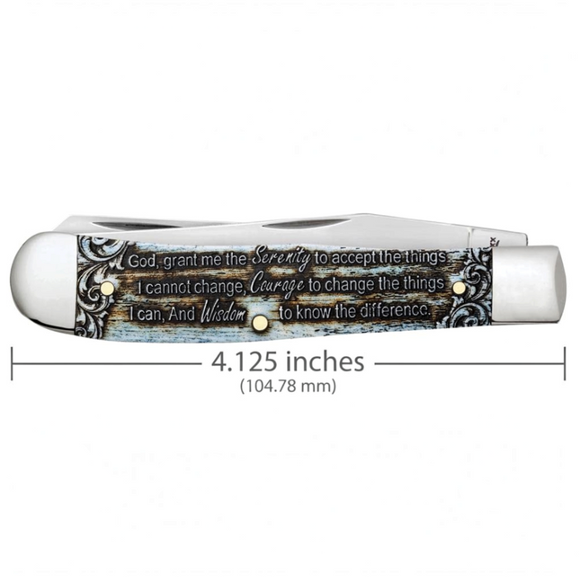 Razor Sharp AZ Case Trapper knife with smooth natural bone handle featuring the Serenity Prayer and blue color wash.