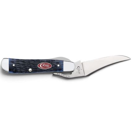 Razor Sharp AZ Case RussLock knife with navy blue jigged bone handle, red shield, and polished stainless steel blade.