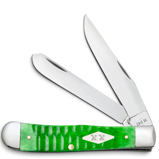 Razor Sharp AZ Case Trapper knife with bright green gator jigged bone handle and two polished stainless steel blades
