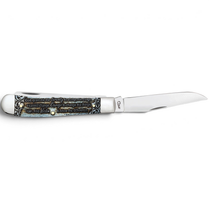 Razor Sharp AZ Case Serenity Prayer Trapper knife with smooth natural bone handle, blue wash, and stainless steel blade
