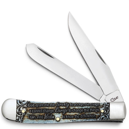 Razor Sharp AZ Case Trapper knife with smooth natural bone handle featuring the Serenity Prayer and blue wash detail.