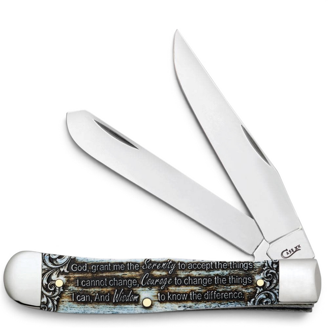 Razor Sharp AZ Case Trapper knife with smooth natural bone handle featuring the Serenity Prayer and blue wash detail.