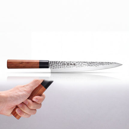 Kanetsune KC-959 Sujihiki 9.5" – DSR-1K6 High Carbon Stainless Steel, Hammered Finish, Wood Handle