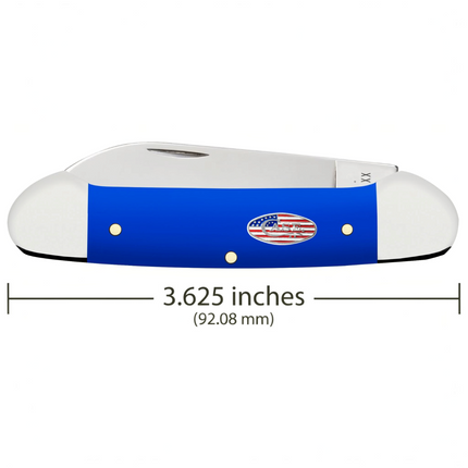 Razor Sharp AZ Case Royal Blue synthetic Canoe folding knife with mirror-polished blades and Stars and Stripes shield