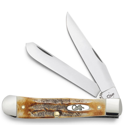 Razor Sharp AZ Case 6.5 BoneStag Trapper knife with honey-amber jigged bone handle and two polished stainless blades.