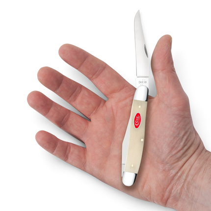 Razor Sharp AZ Case Smooth Natural Bone Muskrat pocket knife with stainless steel blades held in a person's palm.