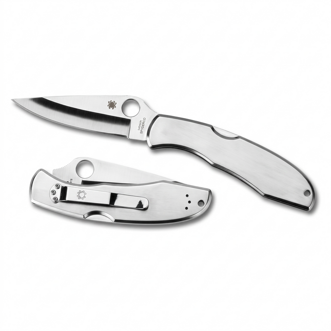 Razor Sharp AZ Endura 4 folding knife with a plain edge stainless steel blade and handle, shown open and closed.