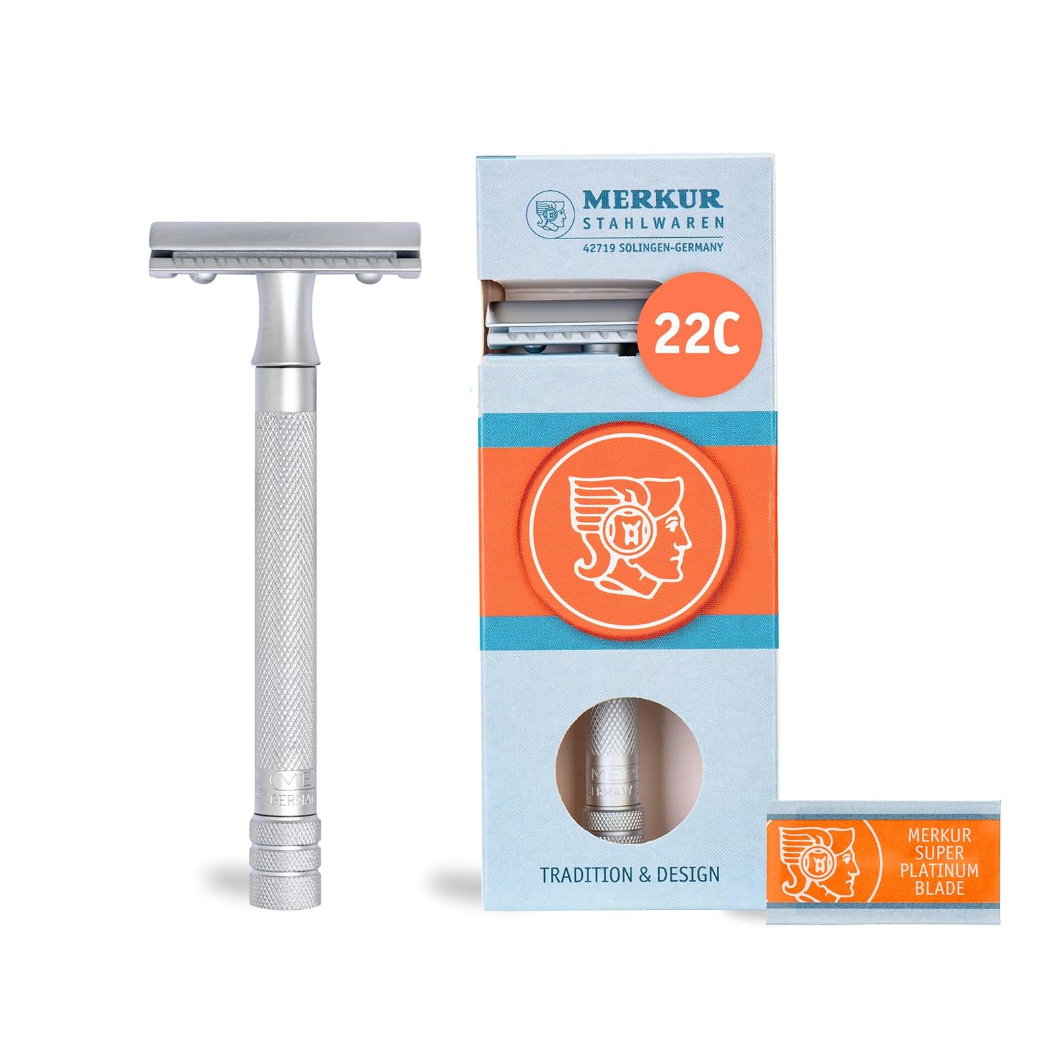 MERKUR 22C Double Edge Safety Razor - Matte Chrome | Long Knurled Brass Handle | Made in Germany | Plastic-Free | Three Piece Design | Closed Comb | Straight Bar