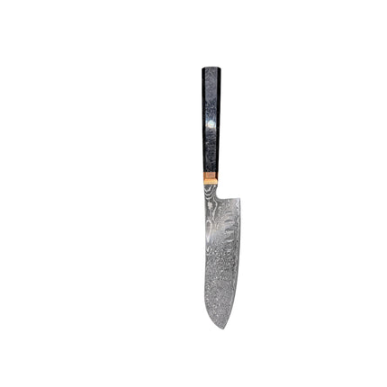Damascus Steel 7.5” Santoku with shredded Carbon Fiber Handles by Razor Sharp AZ