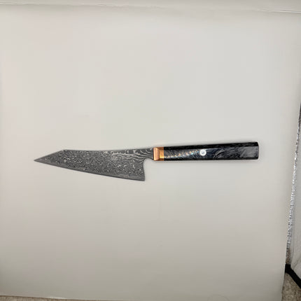 Bunka Kitchen Knife 5.5” with Shredded Carbon infused handle and brass bolster by Razor Sharp AZ