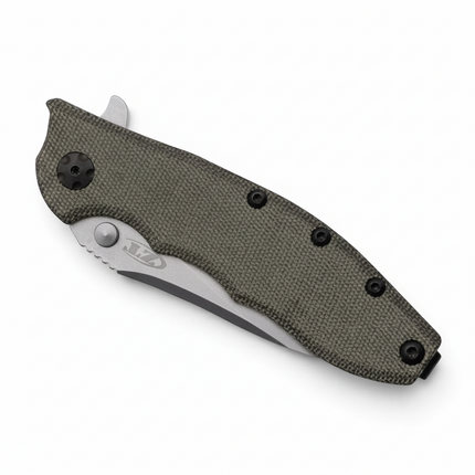 Razor Sharp AZ Zero Tolerance 0562MIC folding knife with a green canvas Micarta handle and stonewashed blade.