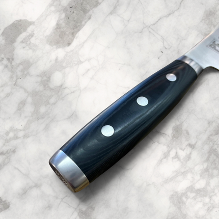 Razor Sharp AZ Perfect Edge Cutlery chef knife featuring a black Micarta full-tang handle with three silver rivets.