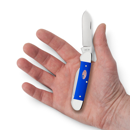 Razor Sharp AZ Case Royal Blue synthetic Canoe pocket knife with mirror-polished blades held in a person's palm.